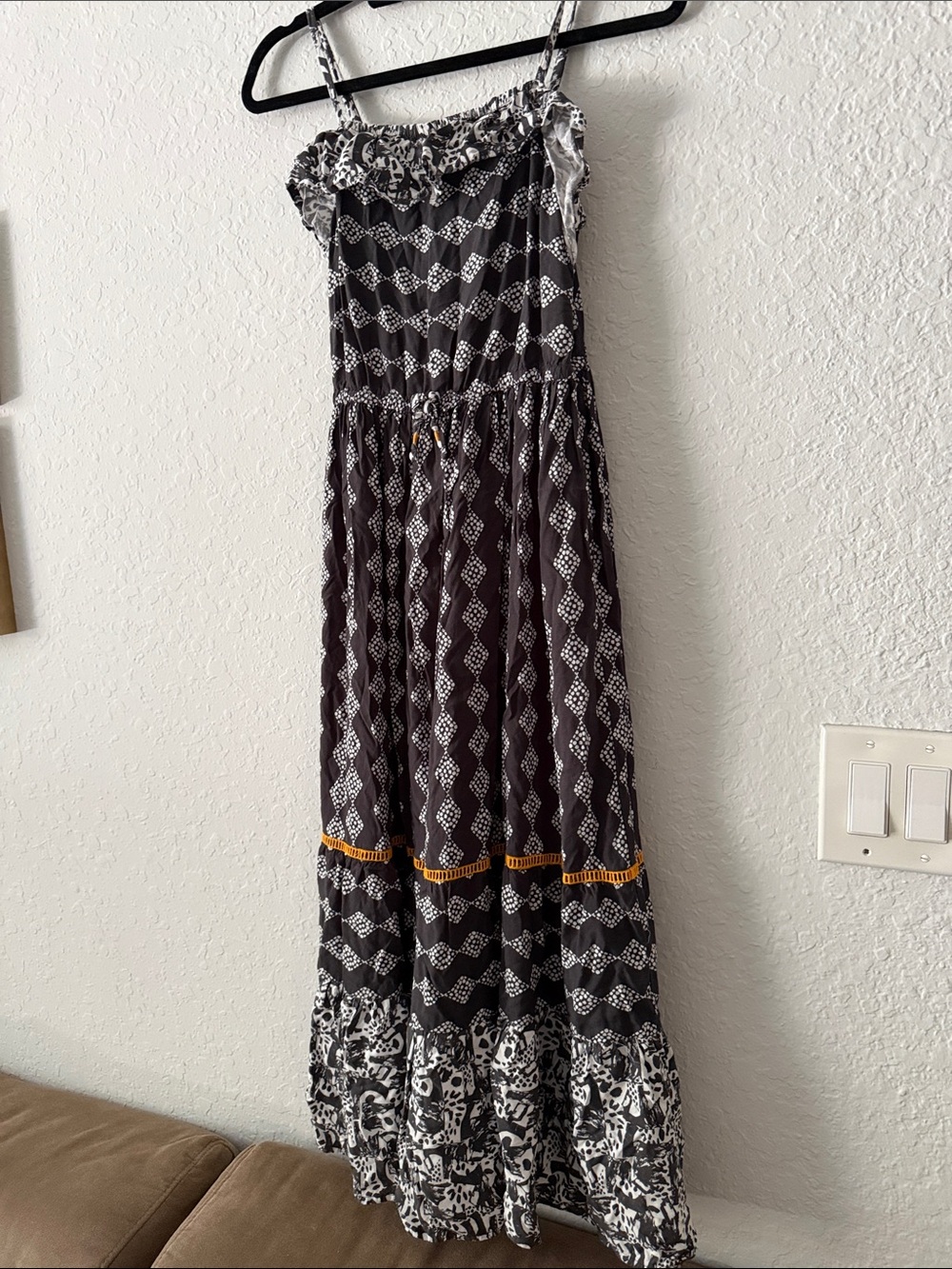 Cat & Jack Black and White Patterned Maxi Dress with Yellow Fringe  - 14/16